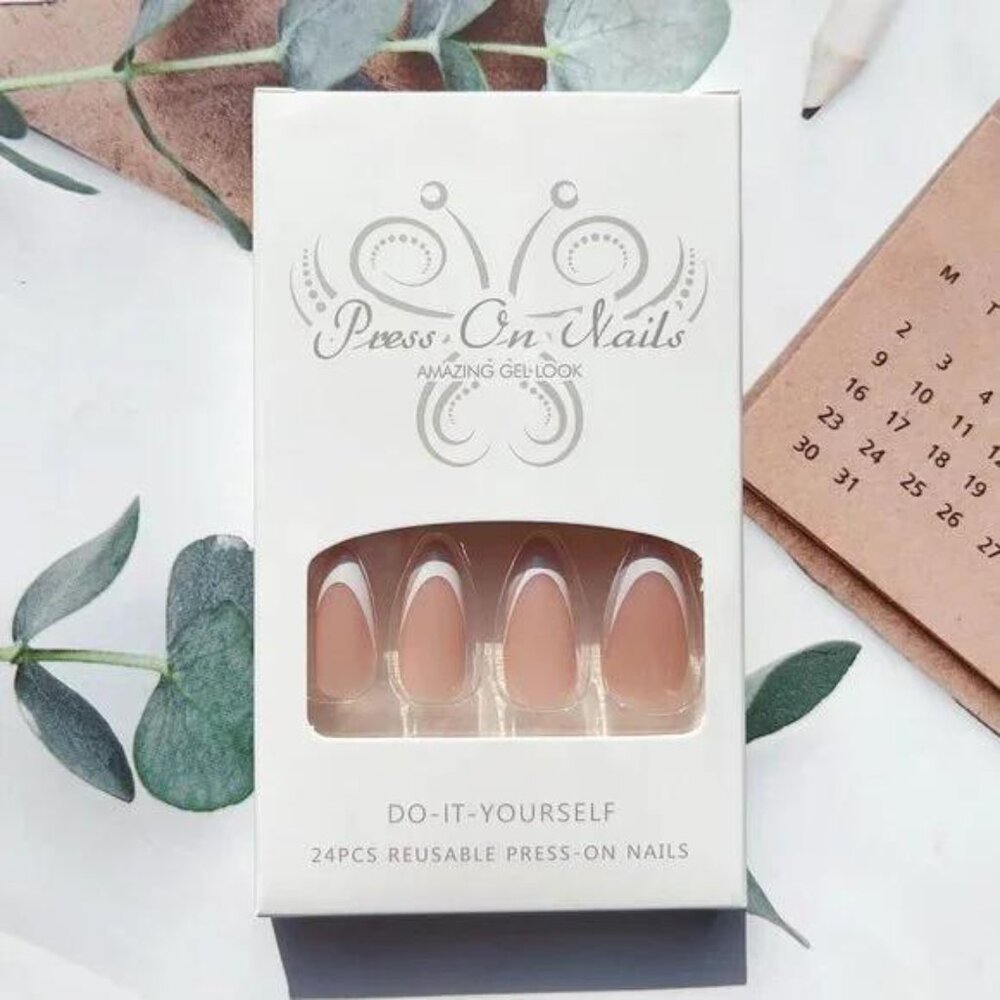 Almond French Tip Press on Nails Medium Length Round